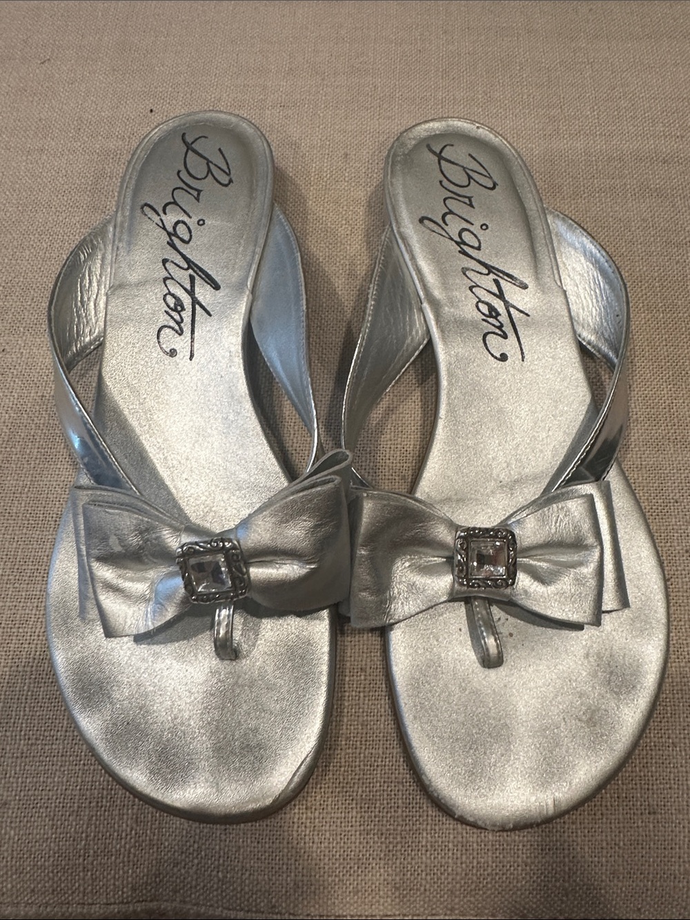 Brighton Silver Bow Toe-Post Sandals with Crystal Accent